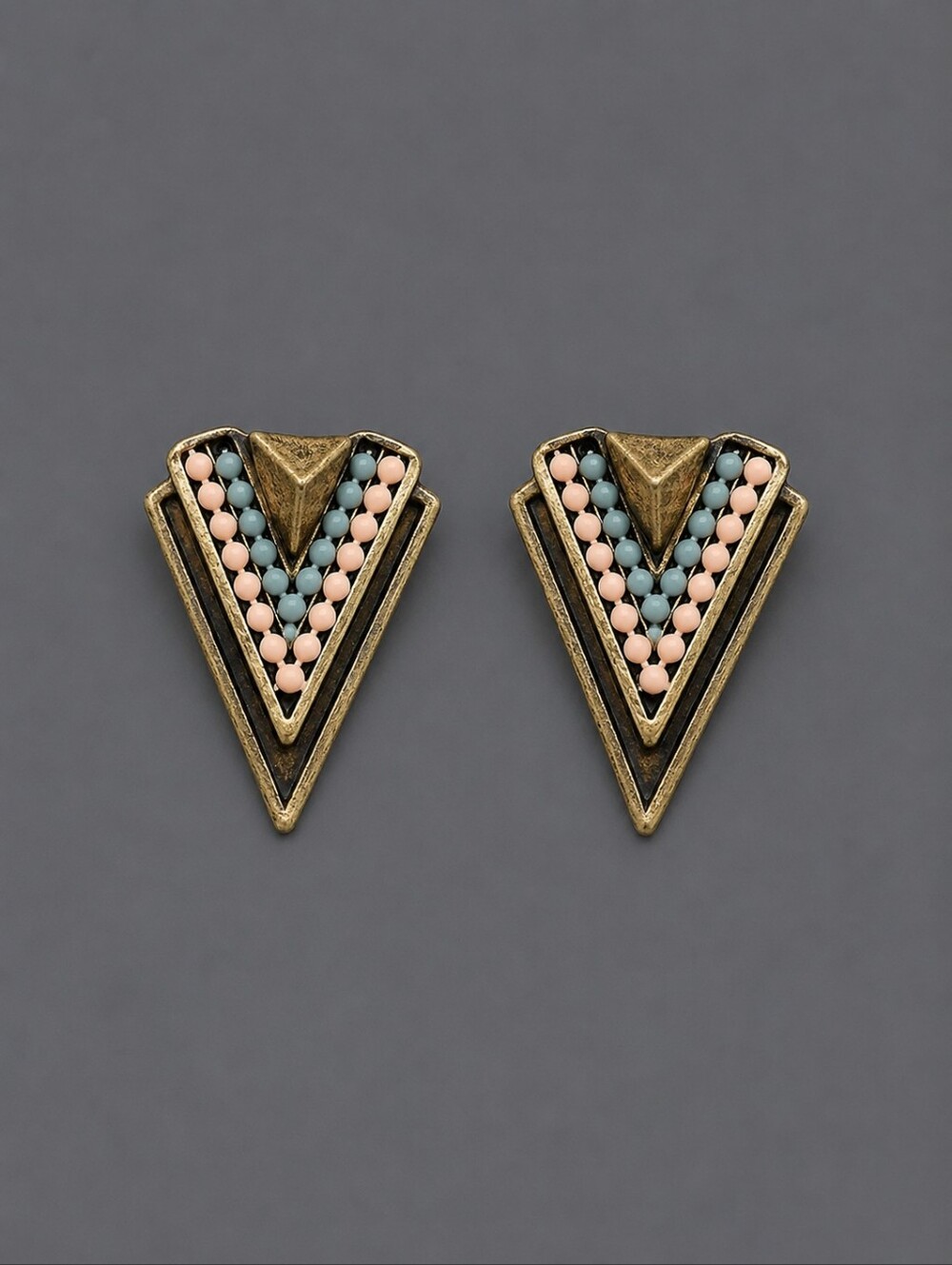 3/$30 Antique Brass Peach Beaded Triangle Spike Post Earrings